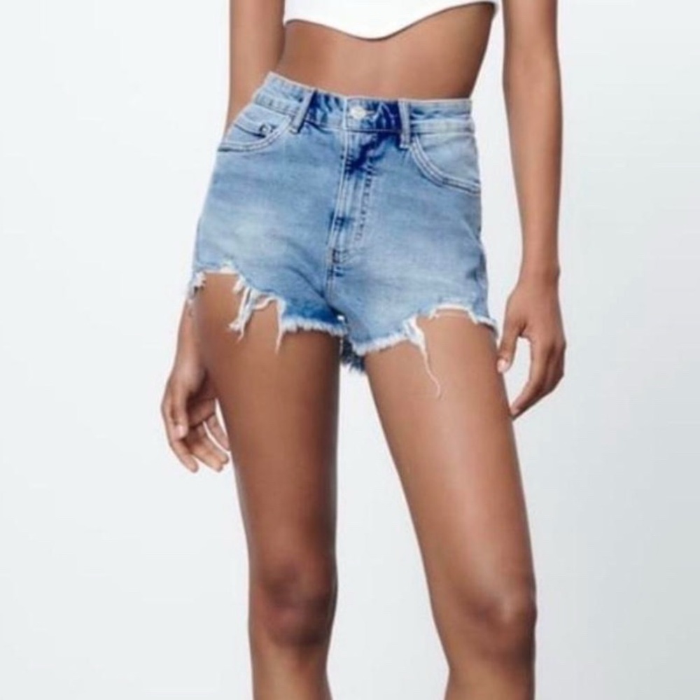 Zara High Rise Button Fly Distressed Denim Cut Off Shorts 8